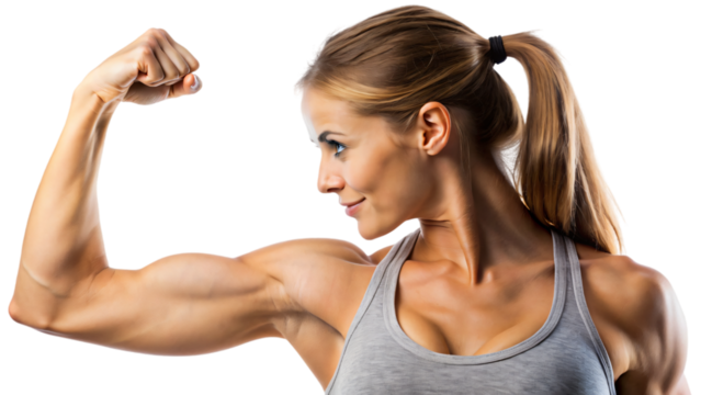 Close-up portrait of a muscular woman flexing her arm to show off her bicep