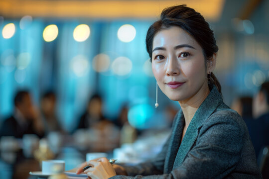 Chinese businesswoman in the boardroom with blurred background.
