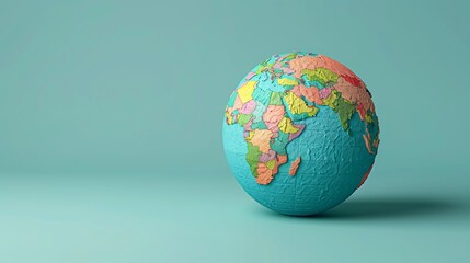 Colorful globe on teal background displaying continents and countries, symbolic of global connection and geography. 3D Illustration.