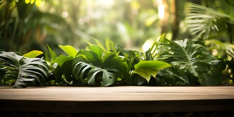 Wooden podium in a tropical forest with green monstera leaves. Concept Nature Photography, Tropical Plants, Wooden Furniture, Greenery, Outdoor Decor