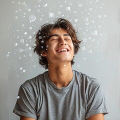 photo of social media speech bubbles popping out from a person's head/mind. he is happy. he is wearing a gray shirt