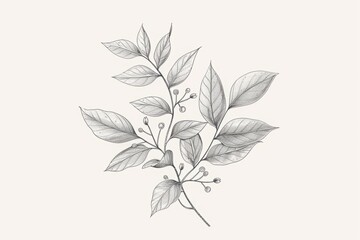  Botanical illustration of a branch with leaves and small buds. Detailed black and white line drawing. Nature concept for design and print. Сamphor Ayurveda. ayurvedic herbs. Generative AI