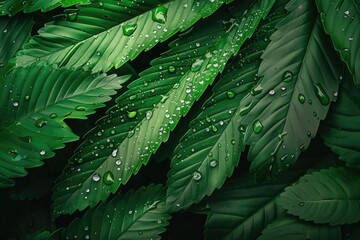 Obraz premium Lush green tropical leaves covered in water droplets, close-up macro shot, perfect for nature and botanical themes.