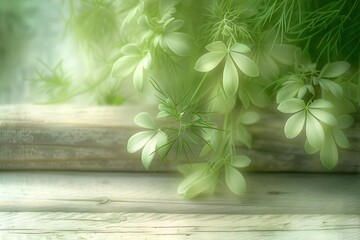 Serene image of delicate green foliage and wooden textures, evoking peace and natural tranquility. Perfect for nature and tranquility themes.