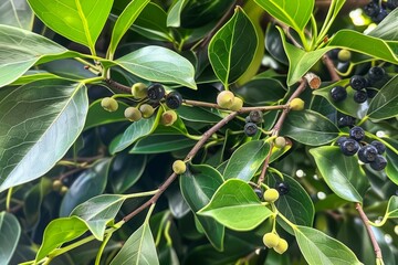 Close-up photograph of a branch with green leaves and small yellow and black berries in a natural outdoor setting. Сamphor Ayurveda. ayurvedic herbs. Generative AI