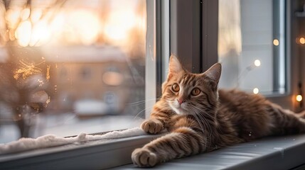 Cozy scene of a tabby cat lounging on a windowsill with a soft sunset in the background, creating a warm and relaxing ambiance.