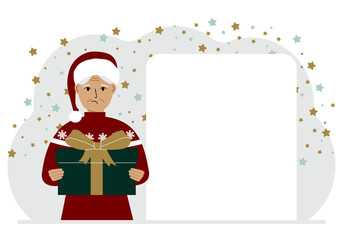 A woman in a red sweater is holding a large gift box with a bow. New Year or Christmas. Vector flat illustration.