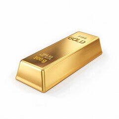 A realistic gold bar, shiny and reflective, with smooth surfaces and sharp edges. The gold bar is stamped with weight and purity markings, such as '999.9' and '1000g'. The bar is placed on a neutral