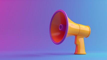 Colorful megaphone with vibrant background in blue and pink gradient, symbolizing communication, announcement, and broadcasting. 3D Illustration.