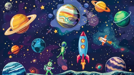 Cartoon spaceship, cosmonaut, and green alien character in space on a background of outer space. Modern cartoon of alien planets, astronauts, and funny extraterrestrials.