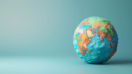 Colorful paper mache globe on a pastel background, symbolizing global unity, environmental awareness, and international communication. 3D Illustration.