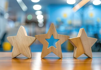 Wooden Stars on Table with Blue Bokeh Background