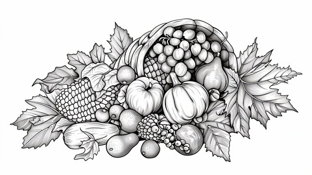 recommend clip art: The Horn of Plenty. A Thanksgiving cornucopia filled with fall fruits and vegetables. Modern illustration coloring page with lineart.