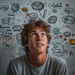 photo of social media speech bubbles popping out from a person's head/mind. he is happy. he is wearing a gray shirt