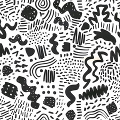 Black and white doodle shapes textile seamless pattern