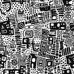 Black and white doodle shapes textile seamless pattern