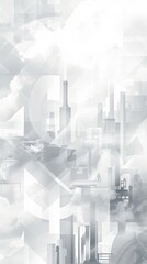 Abstract background with factory silhouettes, labor slogans, and festive elements