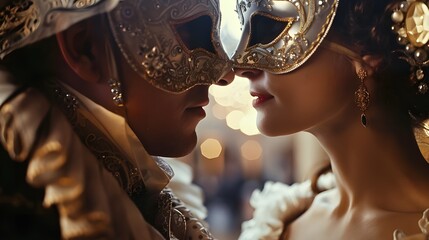 Two masked individuals sharing an intimate moment at a grand masquerade ball.