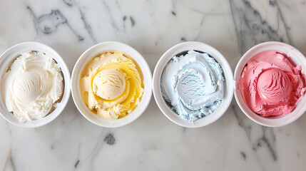 A photo of four white bowls filled with different colors and shapes of ice cream, arranged in an...