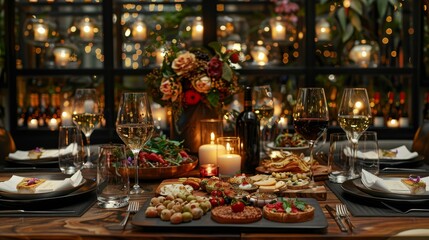 40. Elegant table setting with gourmet appetizers, sophisticated ambiance, and candlelit dining experience