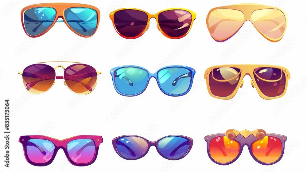 Poster isolated cartoon set icon of sunglass. illustration of summer glasses on white background. illustrat