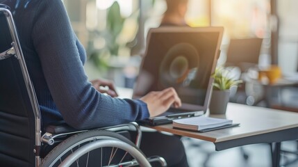 Fototapeta premium A person with a disability using a laptop with assistive technology, fully engaged in the meeting