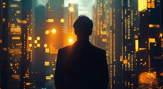 businessman in a silhouette double exposure. in the background is stock chart