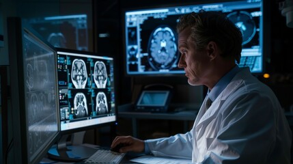 Expert Radiologist Examining MRI Images on High-Tech Computer Screen in Professional Medical Setting