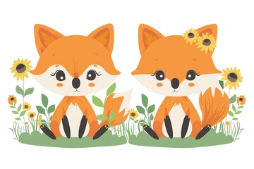 Fototapeta premium Cute illustration of two cartoon foxes sitting among flowers, perfect for children's decor and playful designs.