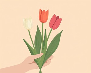 Illustration of a hand holding three tulips in red, white, and pink. Perfect for spring, floral themes, and nature concepts.