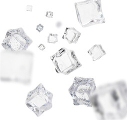 Many ice cubes in air on white background