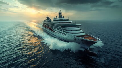 A photo of a striking view of the stern of a luxurious cruise ship as it plows through the ocean, creating a dramatic wake that splits the water's surface, showcasing the power and elegance of sea 