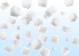 Refined sugar cubes in air on color gradient background