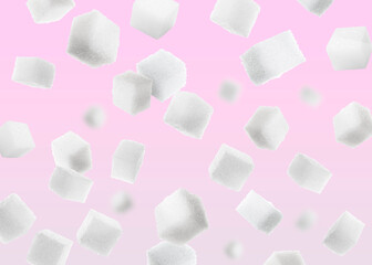 Refined sugar cubes in air on pink background