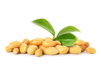 Peeled peanuts and leaves isolated on white