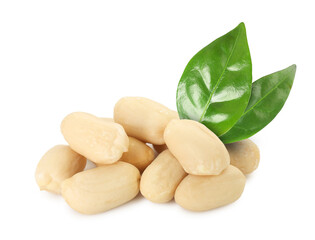 Peeled peanuts and leaves isolated on white