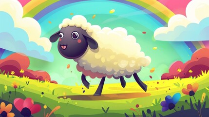 Playful sheep cartoon in a meadow on a rainbow backdrop