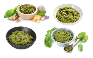Fresh pesto sauce isolated on white, set