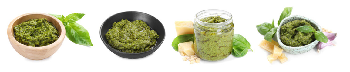 Fresh pesto sauce isolated on white, set
