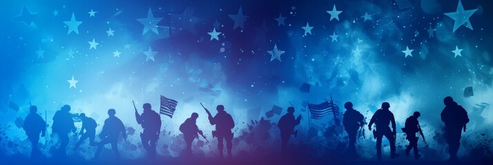 Deep blue and white abstract background with soldier silhouettes, American flags, and patriotic stars
