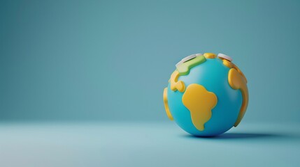 Colorful miniature globe depicting continents in yellow and green against a blue background, symbolizing global connection and geography. 3D Illustration.