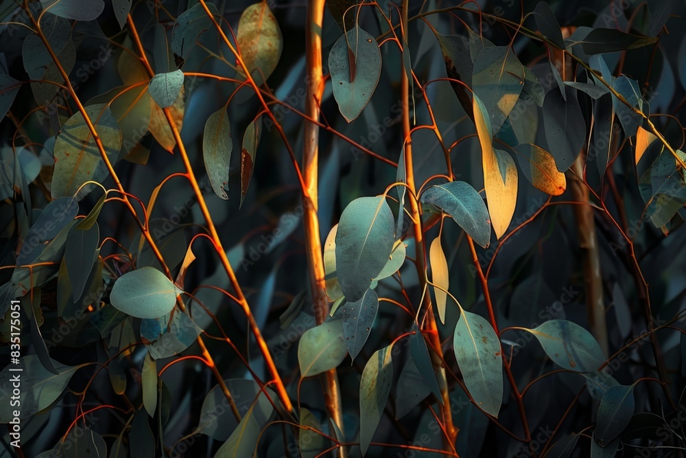 Wall mural eucalyptus leaves and branches illuminated by sunlight in a dark forest. botanical photography. natu