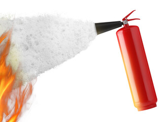 Fire extinguisher and flame on white background