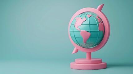 Colorful pink and turquoise globe against pastel background. Minimalist and modern travel concept. Ideal for education and design purposes. 3D Illustration.