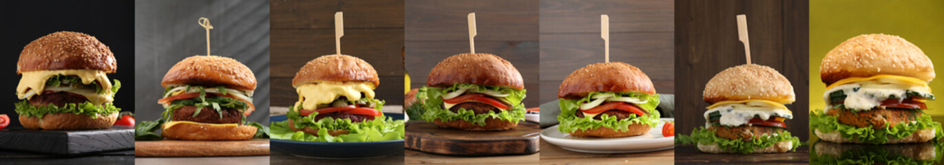 Delicious vegetarian burgers, collage with different photos