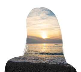 Silhouette of woman and beautiful seascape at sunset on white background, double exposure