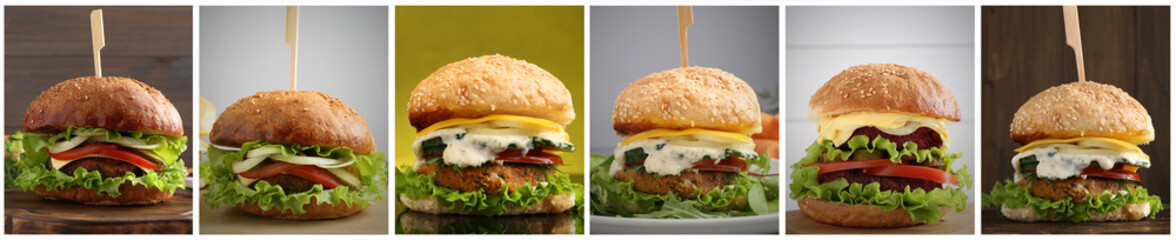 Delicious vegetarian burgers, collage with different photos