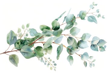 Eucalyptus branch with leaves and buds watercolor illustration. Artistic botanical painting on a white background. Generative AI