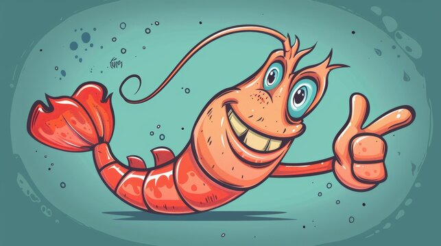cartoon shrimp thumbs up, orange, teal background clip art preview