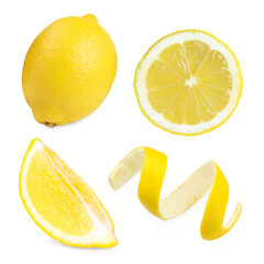 Fresh lemons with peel isolated on white, set
